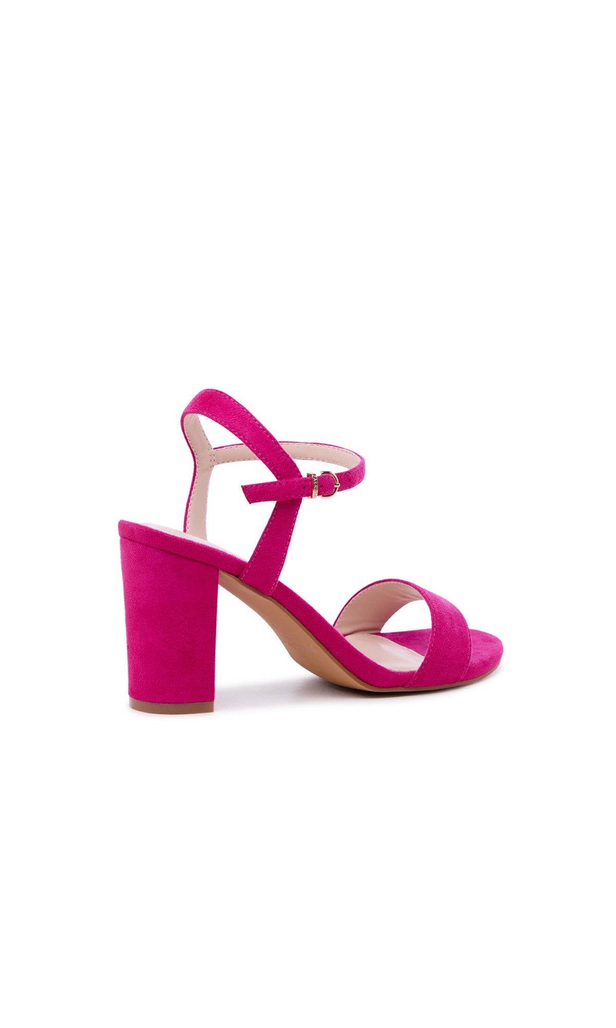 The Harmonia Fuchsia Pink Prom Shoes (Paradox London P2606) are suede block-heeled sandals with an ankle strap and open toe, shown side view on white—perfect as stylish hot pink prom footwear.